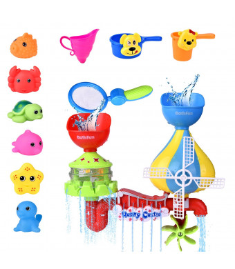 11 PCs Toddler Bath Toys, Windmill Waterfall Water Station with Sea Animals Squirter Toys, Stackable Cups and Fishing Net