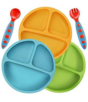 PandaEar Divided Unbreakable Silicone Baby and Toddler Plates - 3 Pack - Non-Slip - Dishwasher and Microwave Safe - FDA/LFGB Certified Silicone Blue Green Yellow