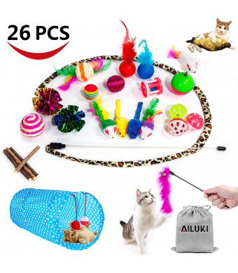 AILUKI 26PCS Cat Toys Kitten Toys Assortments, Variety Catnip Toy Set Including 2 Way Tunnel,Cat Feather Teaser,Catnip Fish,Mice,Colorful Balls and Bells for Cat,Puppy,Kitty