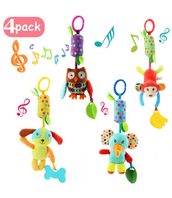 4 PCS Baby Soft Hanging Rattle Crinkle Squeaky Toy - Animal Ring Plush Stroller Accessories Infant Car Bed Crib Travel Activity Hanging Wind Chime with Teether for Boys Girls