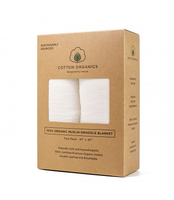 Cotton Organics Muslin Swaddle Blankets - Extra Soft and Hypoallergenic Organic Cotton - Pack of 2