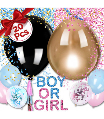 Gender Reveal Balloon Party Supplies with TWO Giant 36 Inch Confetti Balloons in Black and Gold | PLUS Pink and Blue Balloons, Ribbon and More Decorations | FREE Baby Shower Games | Boy or Girl Announcement