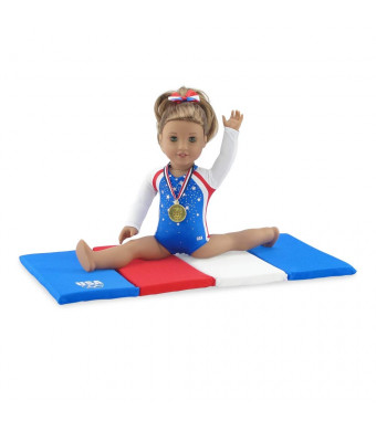 Emily Rose 18 Inch Doll Clothes | Team USA 4 Piece Doll Gymnastics Set, Including Jeweled Leotard, Tumbling Mat, Hair Bow and Realistic Olympic Gold Medal! | Fits 18" American Girl Dolls