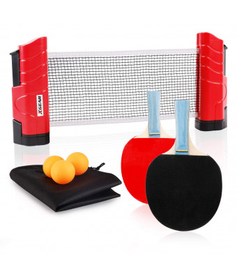 XGEAR Anywhere Table Tennis Set Includes Retractable Net Post, 2 Ping Pong Paddles, 3 pcs Balls, Attach to Any Table Surface, for All Ages.