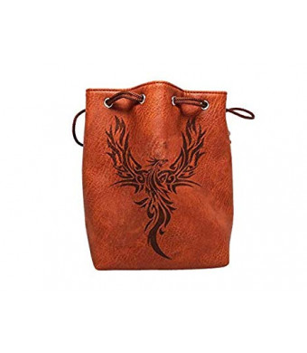 Brown Leather Lite Large Dice Bag with Phoenix Design - Brown Faux Leather Exterior with Lined Interior - Stands Up on its Own and Holds 400 16mm Polyhedral Dice