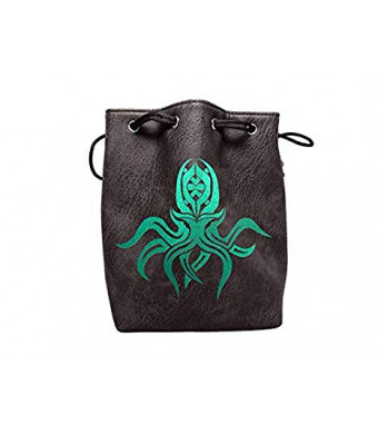 Black Leather Lite Large Dice Bag with Cthulhu Design - Black Faux Leather Exterior with Lined Interior - Stands Up on its Own and Holds 400 16mm Polyhedral Dice