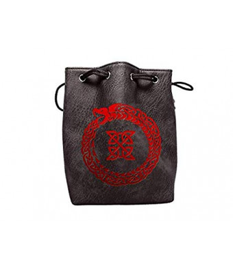 Black Leather Lite Large Dice Bag Ouroboros Design - Black Faux Leather Exterior Lined Interior - Stands up on its Own Holds 400 16mm Polyhedral Dice