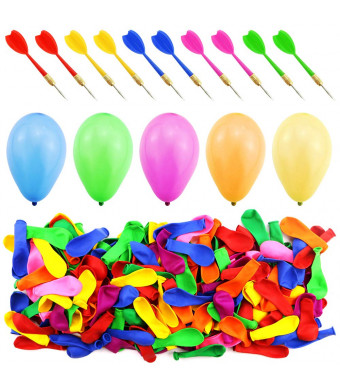 WFPLUS 500 Pcs 6 Inch Assorted Color Latex Dart Balloons Water Balloon with 10 Pcs Plastic Darts for Outdoor Games  Carnival Pop Party