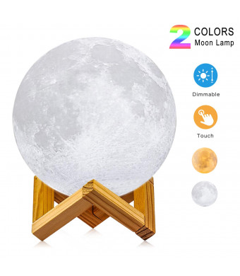 Moon Lamp, 3D Printing LED Night Light Lunar Moon Light with Stand and Warm and Cool Two Colors and Dimmable and USB Rechargeable for Baby Kids Lover Birthday Christmas Gifts(Diameter 4.7 inch)