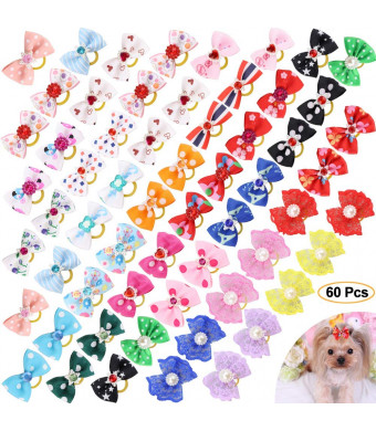 Comsmart 60Pcs Dog Bows, 30 Pairs Yorkie Dog Puppy Hair Bows with Rubber Bands and Rhinestone Pearls and Handmade Lace Fabric, Cute Pet Small Dog Hair Bowknot Topknot Grooming Accessories