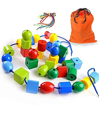 LovesTown Large Lacing Bead Set for Kids,Bead Stringing for Toddlers 36 Jumbo Beads and 2 Strings Educational Stringing Toy Montessori Toys Autism Toys for Toddlers Kids Preschool Children