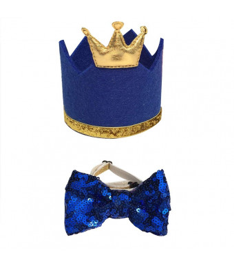 Stock Show Pet Cute Birthday Party Crown Hat and Blingbling Bow tie Collar Set with Adjustable Elastic Headband and Golden Crown Topper for Small Medium Dogs Cats Kitten Puppy, Blue