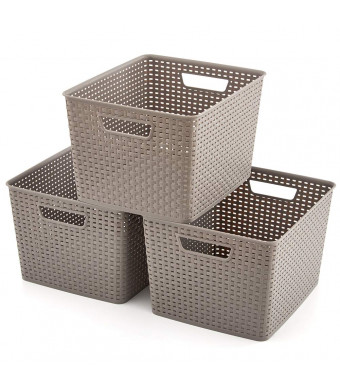 EZOWare Large Gray Plastic Knit Shelf Storage Organizer Baskets Perfect for Storing Small Household Items - Pack of 3