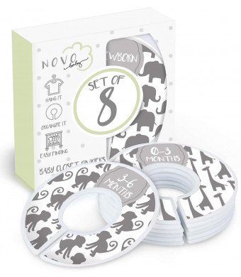Baby Closet Size Dividers | Set of 8 | Unisex Animals Grey Design for Nursery Clothes Organization Sized from Newborn, 1-24 Months to Toddler | Perfect for Girl or Boy