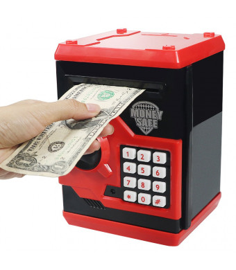 Elemusi Cartoon Electronic Password Mini ATM Piggy Bank Cash Coin Can Auto Scroll Paper Money Saving Box, for Children Kids (Red)