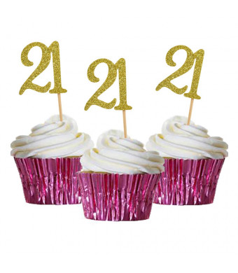 HZOnline Cupcake Cake Toppers 21st Birthday, Golden Glitter Number 21, Adult Ceremony Birthday Celebrating, Anniversary Party Decor (24PCS)