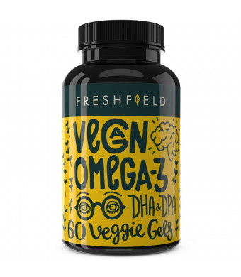 Freshfield Vegan Omega 3 DHA Supplement: Better than Fish Oil! Algal oil for Joint and Eye Health, Immune System Support and A Proven Brain Boost; Use for a Healthier Heart and Brighter Skin! 2 month supply