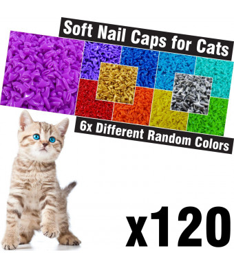 120 pcs Soft Cat Claw Caps for Cats Nail Claws 6X Different Random Colors + 6X Adhesive Glue + 6X Applicator, Pet Cap Tips Cover Paws Grooming Soft Covers