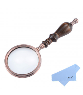 XYK 5X Handheld Antique Brass Magnifying Glass with Wooden Handle and Real Glass,Best Reading Magnifier for Science, Reading Book, Inspection, Coins, Insects, Rocks, Map, Crossword Puzzle