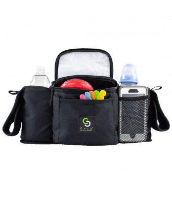 Cozy Stroller Caddy Organizer (Black, Insulated) - Everything Mom Needs on Stroller - 2 Deep Cup Holders, 3 Separate Spaces, Front Cellphone Holder, Wallets, Diapers, Milk - Perfect Baby Shower Gift