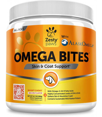 Zesty Paws Omega 3 Soft Chews for Dogs - with AlaskOmega Fish Oil for EPA and DHA Fatty Acids - for Shiny Coats and Itch Free Skin - Natural Dog Hip and Joint Support + Promotes Heart and Brain Health