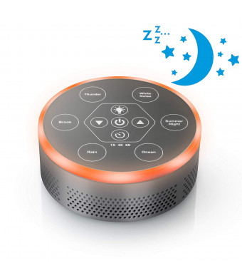 Dream Zone Sound Machine  Relaxing Sleep Therapy for Home, Office, Baby and Study  6 Unique Music Settings, Timer, USB Charging Ports and Flickering Night Light  Ocean, Rain and River Sounds (Silver)