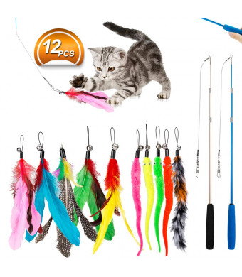 JIARON Feather Teaser Cat Toy, 2PCS Retractable Cat Wand Toys and 10PCS Replacement Teaser with Bell Refills, Interactive Catcher Teaser and Funny Exercise for Kitten or Cats.