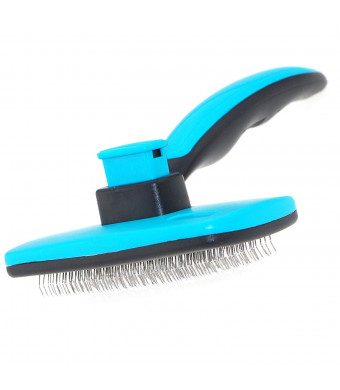 Mile High Life Self-Cleaning Slicker Grooming Dogs Cats Brush | Under Coat Rake for Loose Fur | Long Short Haired Pet | Blue Pink Color | Comfy Message Head Relaxation | Push Button for Easy Clean