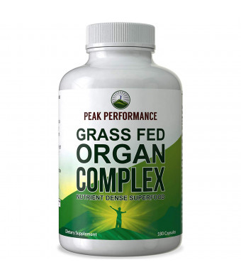 Grass Fed Beef Organ Complex (180 Capsules) by Peak Performance. Desiccated Organs Superfood Pills Rich in Antioxidants, Enzymes, Vitamin B12. Made from Liver, Heart, Kidney, Pancreas, Spleen