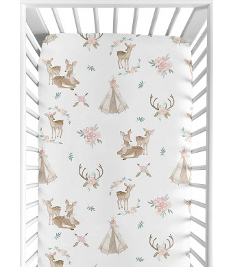 Sweet Jojo Designs Blush Pink, Mint Green and White Boho Baby or Toddler Fitted Crib Sheet for Woodland Deer Floral Collection