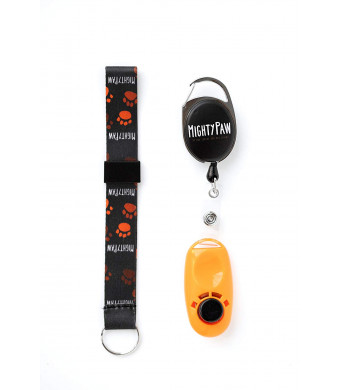Mighty Paw Dog Training Clicker, 2 Attachment Options, Retractable Belt Clip + Wrist Lanyard (Orange)