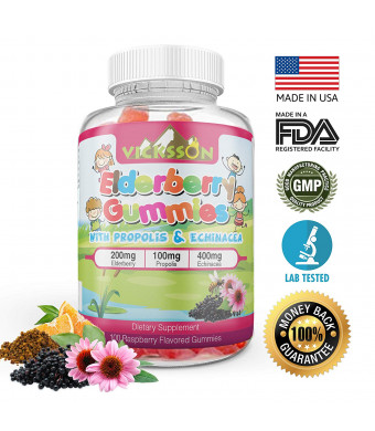 Vicksson Sambucus Elderberry Gummies with Propolis and Echinacea + Vitamin C Immune System Booster for Kids and Adults. Vegan Friendly | Raspberry Flavored. 100 Count