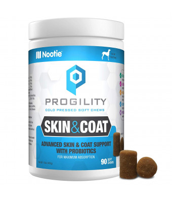 PROGILITY Nootie Skin and Coat with Probiotics for Dogs - 90 Cold Pressed Soft Chews - Advanced Skin and Coat Support, Chewable Omega 3 for Dogs with Krill and Flaxseed Oil