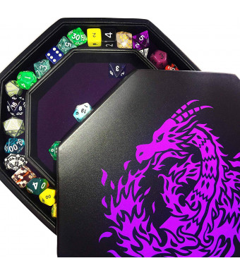 Fantasydice- Purple - Fire Dragon - Dice Tray - 8" Octagon with Lid and Dice Staging Area- Holds 5 Sets of Dice(7 / Standard) For All Tabletop RPGs Like DandD , Call of Cthulhu, Shadowrun.