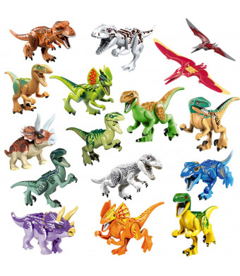16pcs Dinosaur Building Blocks Figures with Movable Jaws,Buildable Mini Dinos Toy Playset DIY Stackable Dinosaur Party Favors, Educational Toy Gift for Kids