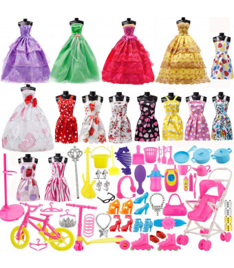 Yourss Doll Clothes Set for Barbie Dolls, 15 Pack Clothes Party Grown Outfits and 98pcs Different Doll Accessories Shoes Bags Necklace Tableware for Little Girl Birthday