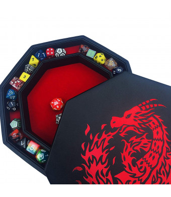 Fantasydice- RED - Fire Dragon - Dice Tray - 8" Octagon with Lid and Dice Staging Area- Holds 5 Sets of Dice(7 / Standard) for All Tabletop RPGs Like DandD , Call of Cthulhu, Shadowrun.