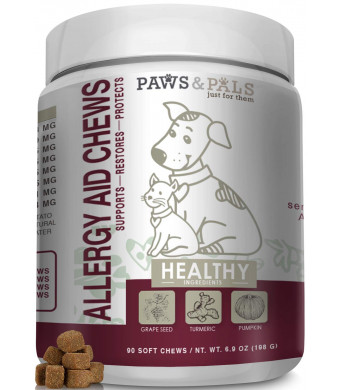Paws and Pals Allergy Immune Supplement Aid for Dog and Cats- Antioxident Seasonal and Itchy Relief Treats for Pets with Omega-3, Digestive Prebiotic and Probiotics - 90 Count