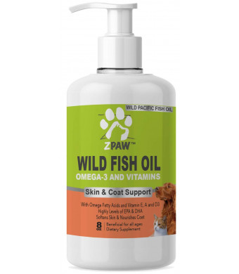 ZPAW Wild Fish Oil Omega 3 and Vitamins for Dogs and Cats | Skin and Coat Support for All Ages with Omega Fatty Acids Vitamin A E and D3 with Vital Nutrients That Support The Skin, Coat, Hips Joints