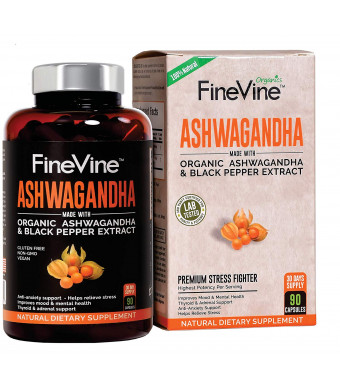 Organic Ashwagandha Root Powder with Black Pepper Extract - Made in USA - for Anxiety, Stress Relief, Mood Enhancer, Immune, Adrenal and Thyroid Support Supplement, 90 Capsules.