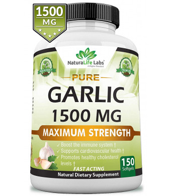 Pure Garlic 1,500 mg per Soft Gel Maximum Strength 150 Soft gels Promotes Healthy Cholesterol Levels Immune System Support