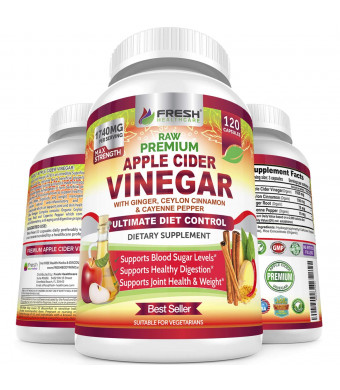 Organic Apple Cider Vinegar Pills Max 1740mg - 100% Natural and Raw with Ceylon Cinnamon, Ginger and Cayenne Pepper - Ideal for Healthy Blood Sugar, Detox, Weight Loss and Digestion - 120 Vegan Capsules
