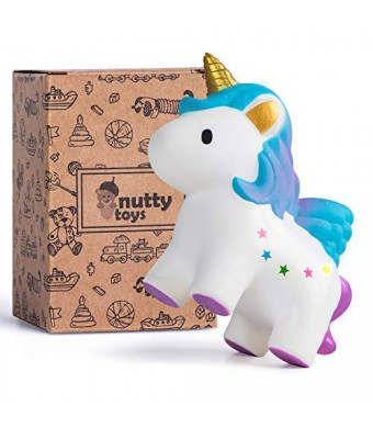 NUTTY TOYS Super Slow Rising Jumbo Squishy Unicorn - Best Birthday Gift for Kids, Top Party Favor Toy and Unique Present Idea for Easter 2019 - Soft and Scented Kawaii Narwhal for Boys Girls and Adults