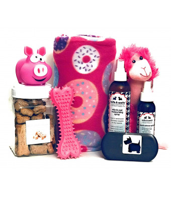 Wolfe and Sparky's Deluxe Pink Dog Gift Set Includes a Classy Dog Blanket, 2 Bottles of Wolfe and Sparky Natural Grooming Products, Healthy Peanut Butter Dog Treats, 2 Toys and a Wooden Brush!!!