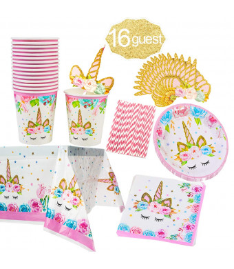 Unicorn Themed Party Supplies Set,Unicorn Cake Plates,Cups,Napkins,Tablecloth,StrawsandDecoration,Paper Disposable Tableware Set for Girls Children Birthday Party or First ,Baby Shower, Serves 16 Guests