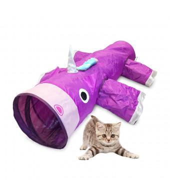 Pet Craft Supply Magic Mewnicorn Multi Cat Tunnel Boredom Relief Toys with Crinkle Feather String for Cats, Rabbits, Kittens, and Dogs for Hiding Hunting and Resting