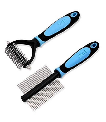 SHD Pet Grooming Tool Kit Double Sided Dematting Rake and Deshedding Comb for Medium/Longhaired Curl Dog, Cat - 2 Pack