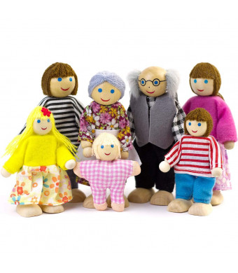 Seanmi Dollhouse People, Dolls Family of 7 Poseable Wooden Doll