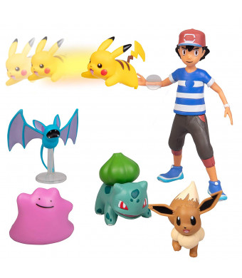 Pokmon Battle Figure Multi Pack Set with Launching Action - Includes Ash, Pikachu, Zubat, Eevee, Ditto and Bulbasaur - 6 Pieces - Ages 4+