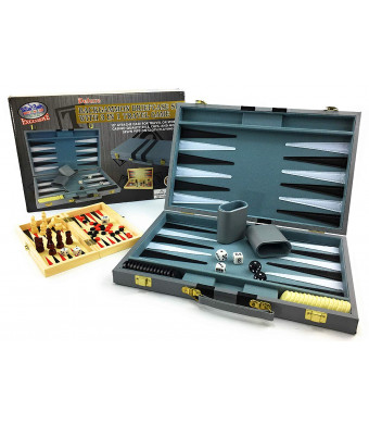 Matty's Toy Stop Deluxe 15" Backgammon Briefcase (Vinyl Gray Attache) with 3-in-1 Chess, Checkers and Backgammon Wooden Travel Games Set (8")